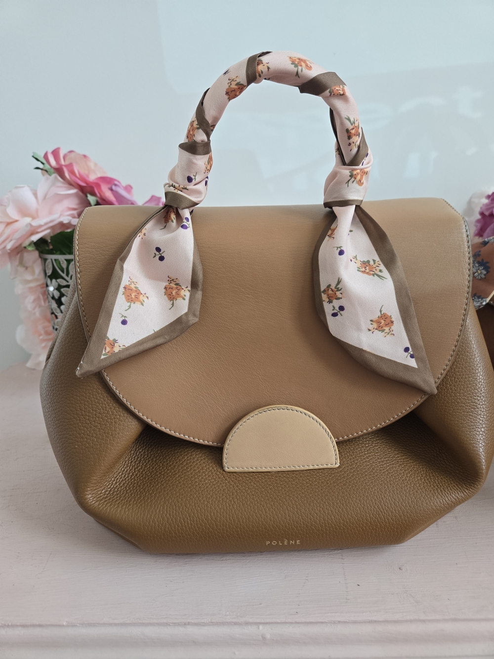 Polene Two-Tone Tan Leather Satchel with Floral-Printed Handle Scarf